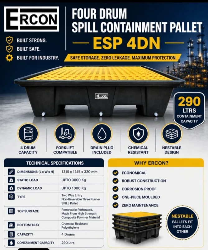 ESP 4DN Spill Containment Pallet, 4 Drums, 290 Ltrs - Industrial Supplies & Tools by Saifee Industrial Solutions