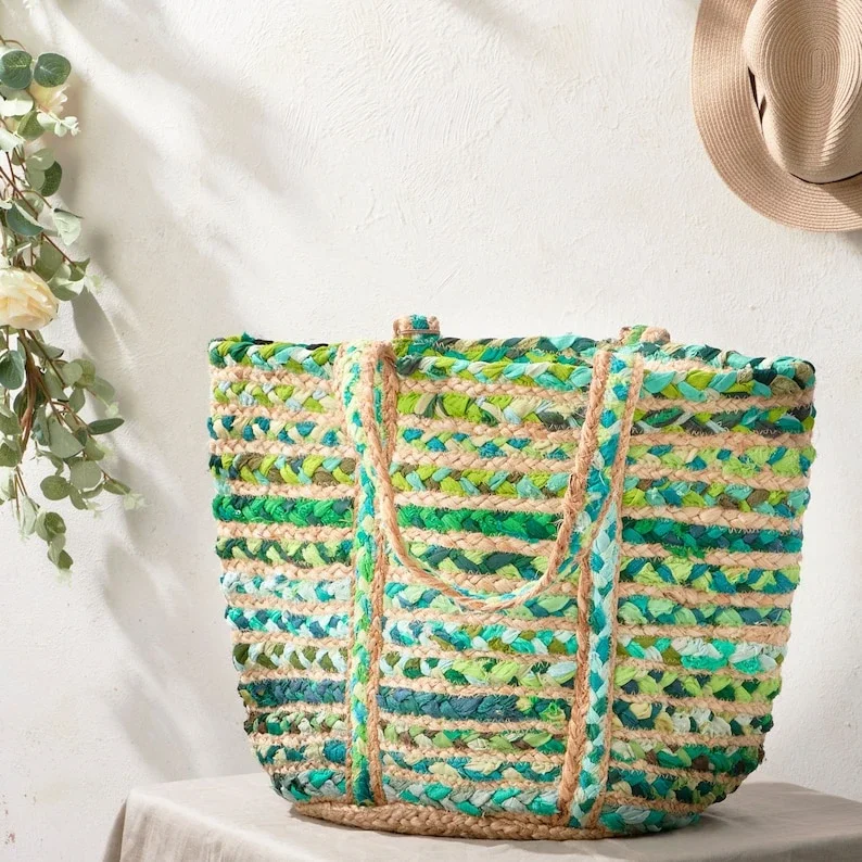 Jute & Cotton Braided Tote Bag - Vibrant Green - Handicrafts & Gifts by Sanger Handloom