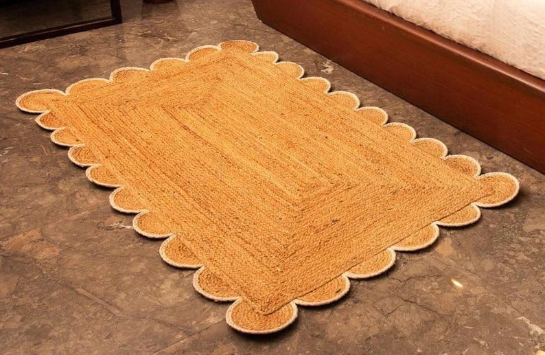 Scalloped Jute Rug With White Cotton Border 3x5 Ft - Handicrafts & Gifts by Sanger Handloom