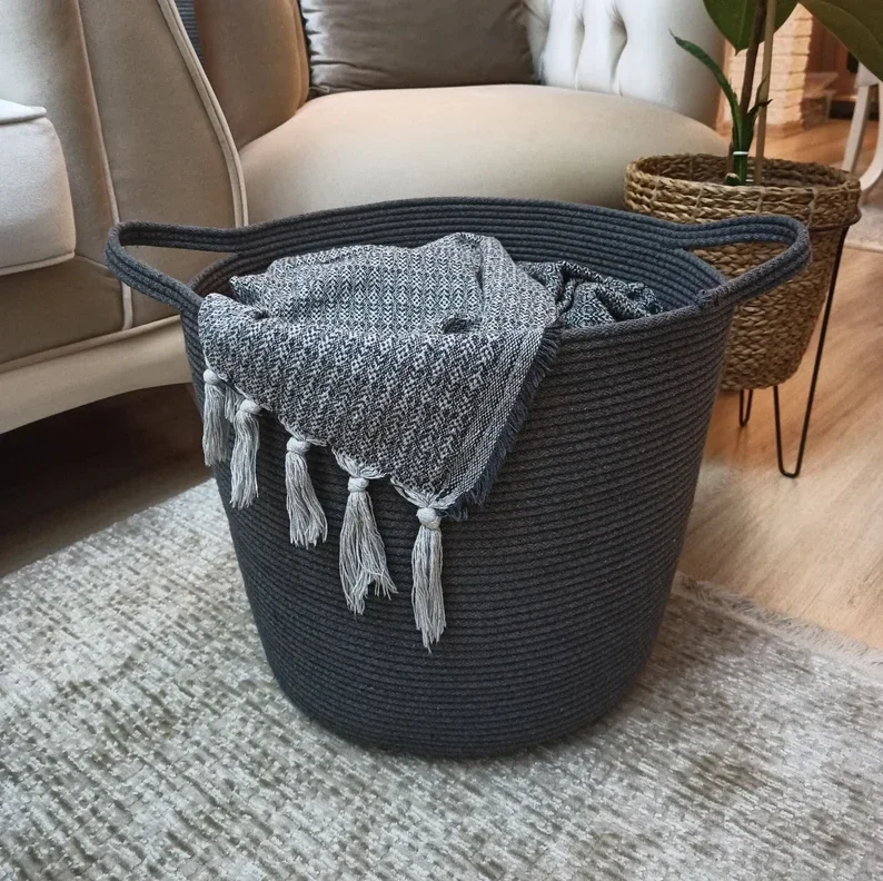 Charcoal Grey Cotton Rope Storage Basket Hand-Braided - Furniture & Interiors by Sanger Handloom