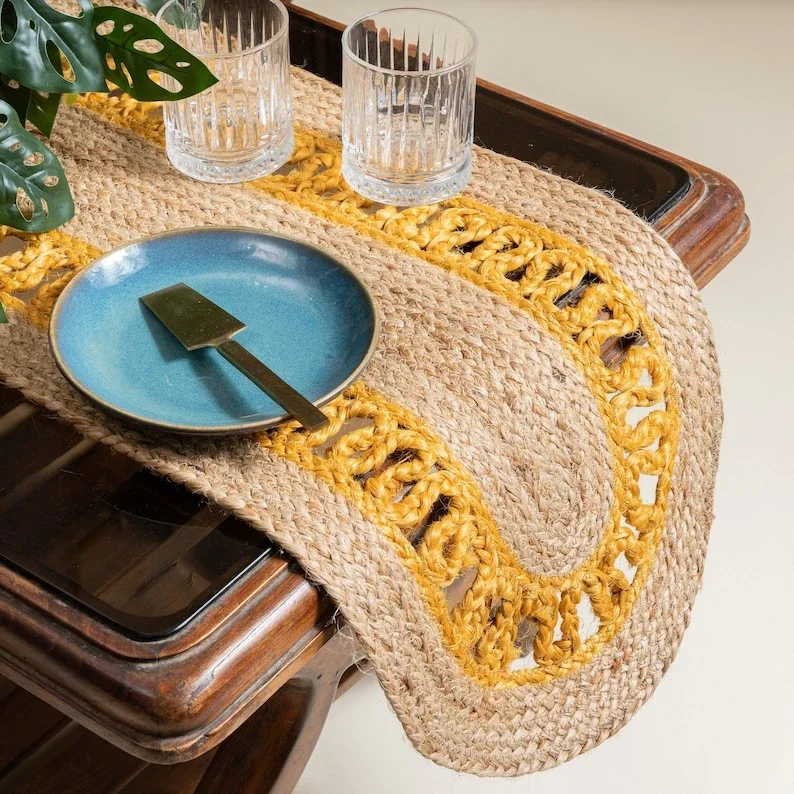 Hand-Braided Jute Table Runner - Oval Two-Tone - Handicrafts & Gifts by Sanger Handloom