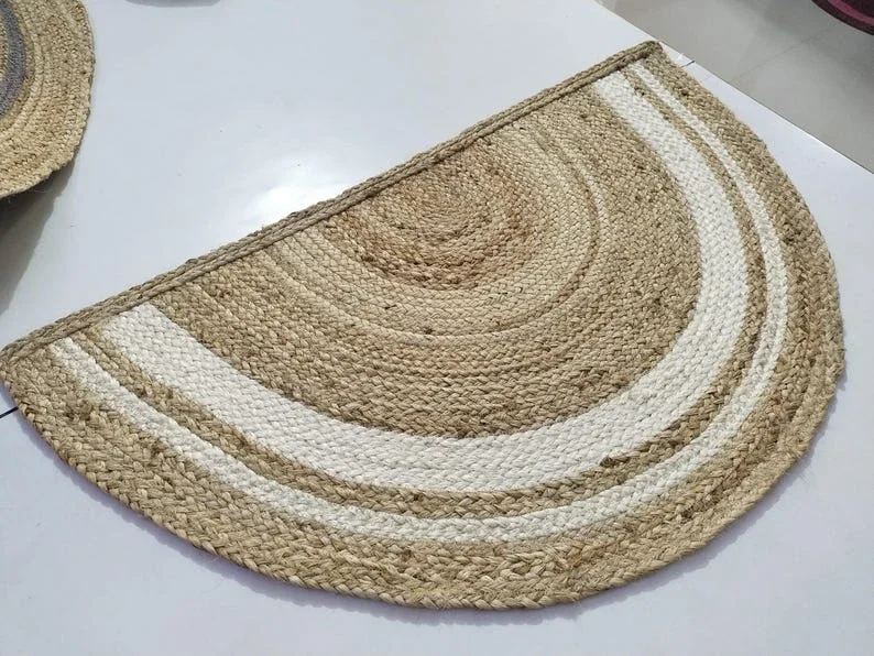 Hand-Braided Half-Moon Jute Rug, White Contrast, 45x90 cm - Handicrafts & Gifts by Sanger Handloom
