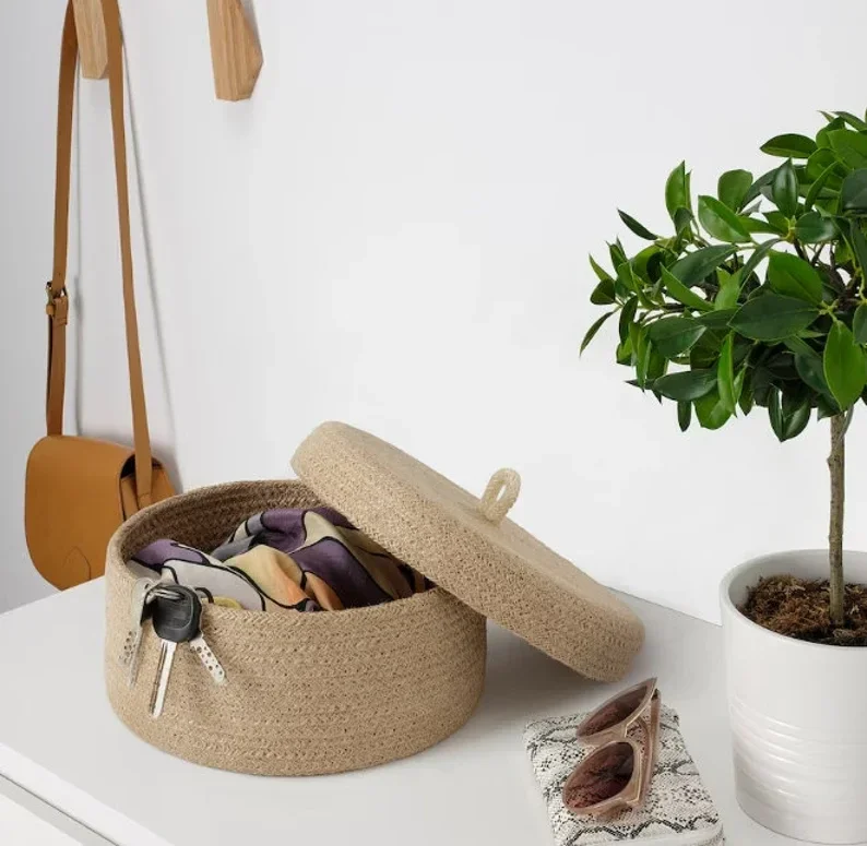 Hand-Braided Round Jute Storage Basket With Lid - Home & Kitchen by Sanger Handloom