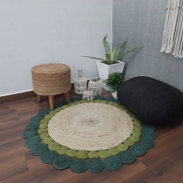 Hand-Braided Scalloped Jute Rug - Natural & Green - Handicrafts & Gifts by Sanger Handloom