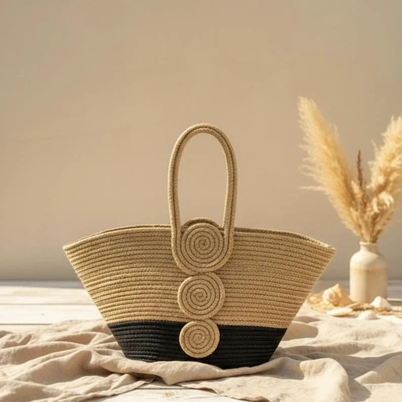 Hand-Braided Cotton Rope Tote Bag - Spiral Motif - Handicrafts & Gifts by Sanger Handloom