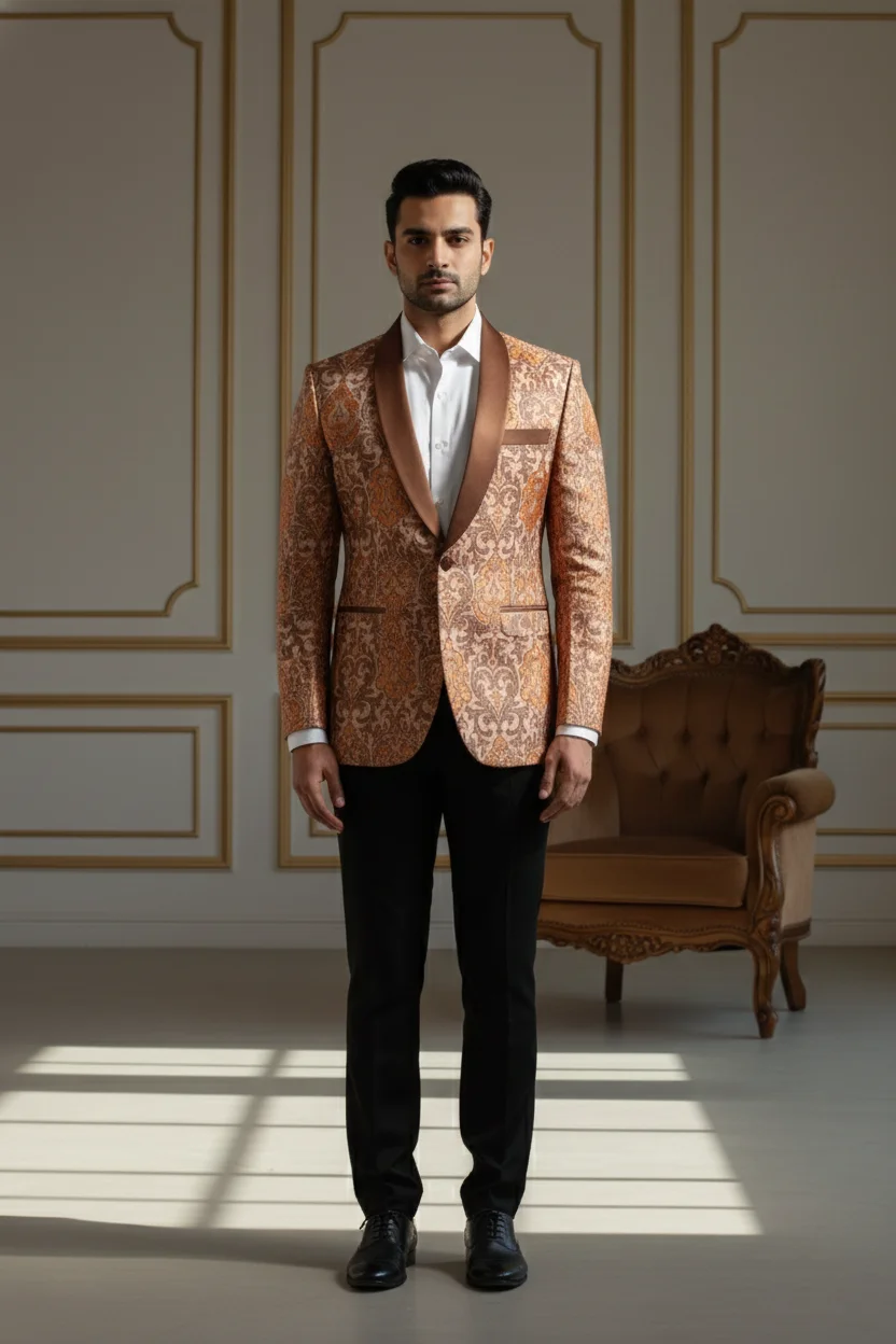 Men's Rose Gold Paisley Jacquard Slim Fit Tuxedo Blazer - Textiles & Apparel by G M Apparels