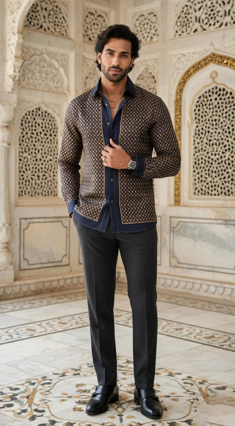Men's Designer Silk Sateen Scarf-Print Button-Down Shirt - Textiles & Apparel by G M Apparels