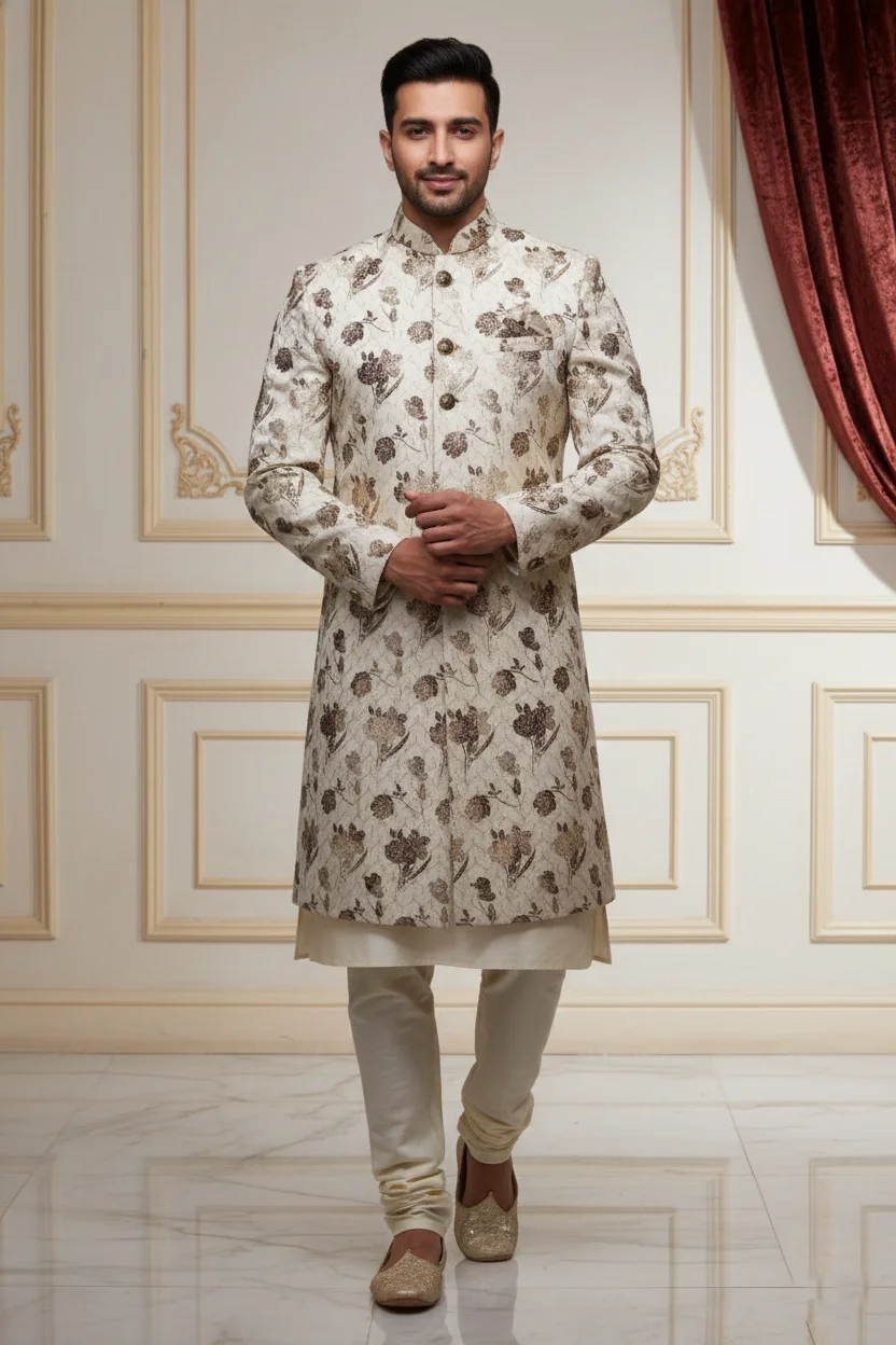 Men's Ivory Floral Embroidered Sherwani with Mandarin Collar - Textiles & Apparel by G M Apparels
