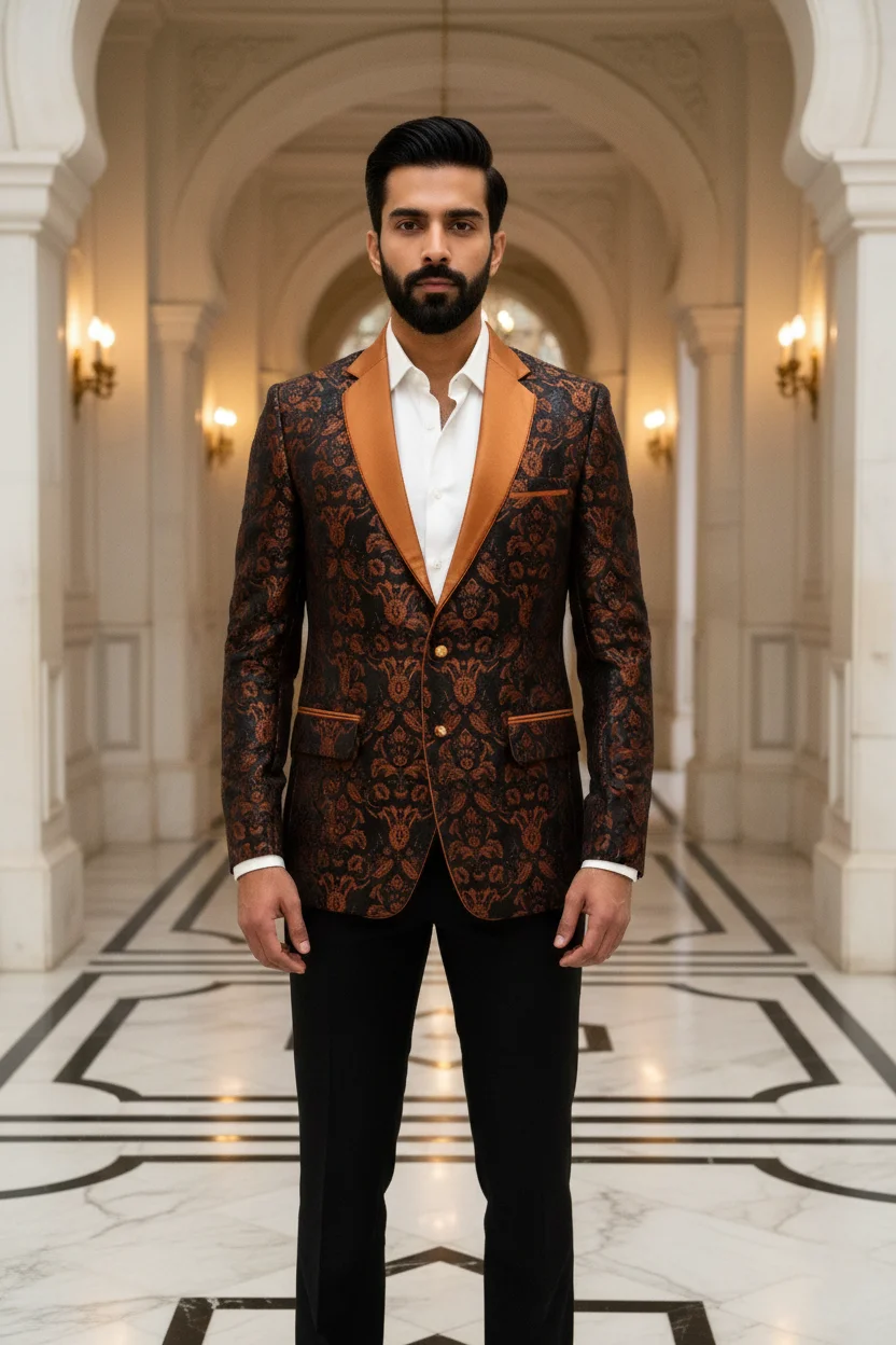 Men's Slim Fit Damask Jacquard Blazer with Satin Shawl Lapel - Textiles & Apparel by G M Apparels