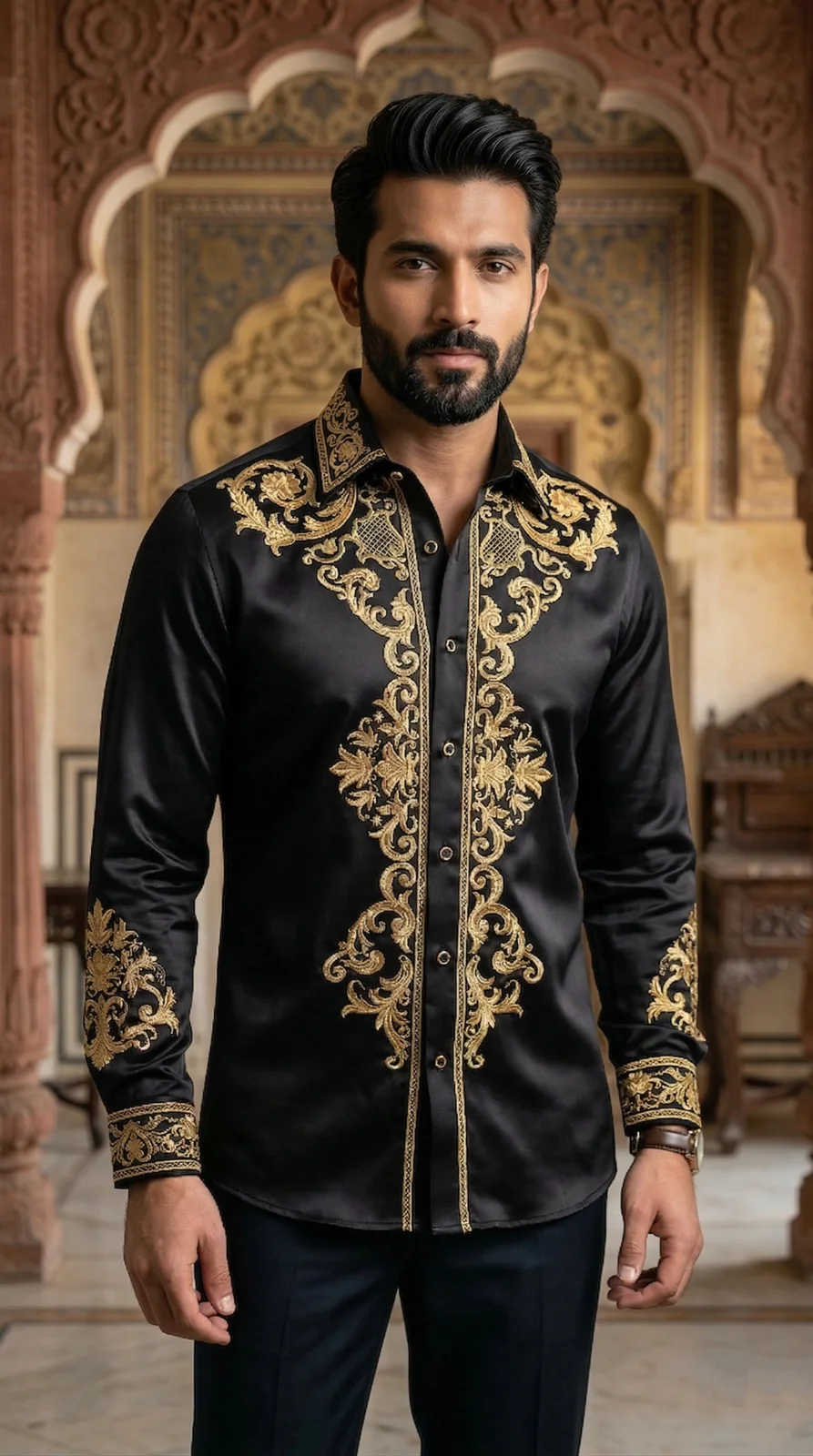 Men’s Slim-Fit Silk-Blend Sateen Shirt with Baroque Gold Embroidery - Textiles & Apparel by G M Apparels