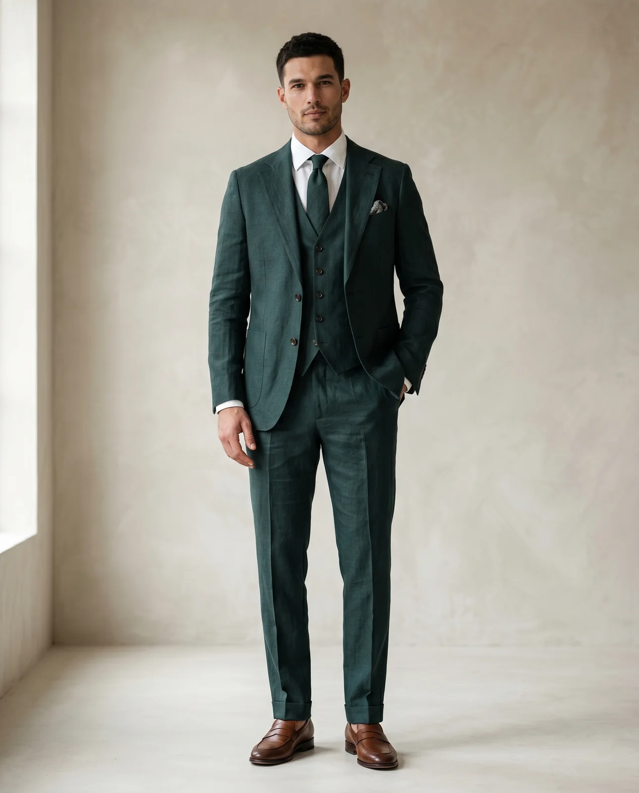 Forest Green Slim Fit 3-Piece Linen Suit - Textiles & Apparel by G M Apparels