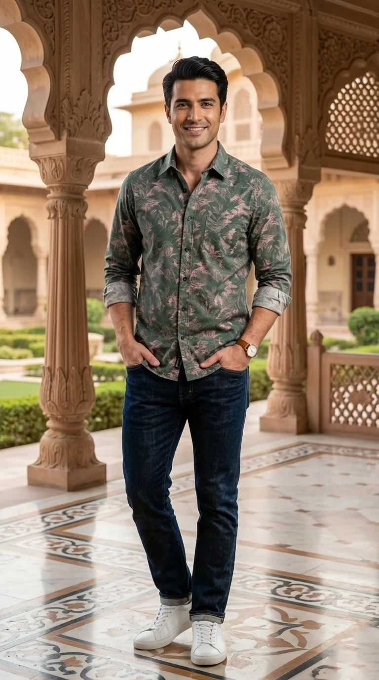 Men's Cotton Tropical Fern Print Slim Fit Button-Down Shirt - Textiles & Apparel by G M Apparels