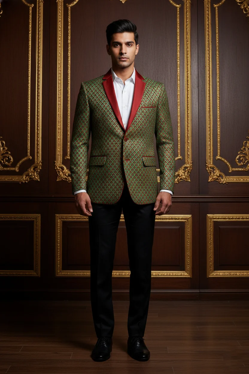 Brocade Fabric Tailored Fit Tuxedo Blazer - Textiles & Apparel by G M Apparels