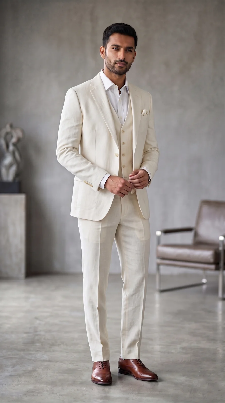 Slim Fit Linen Three-Piece Suit in Off-White / Cream, XXL - Textiles & Apparel by G M Apparels