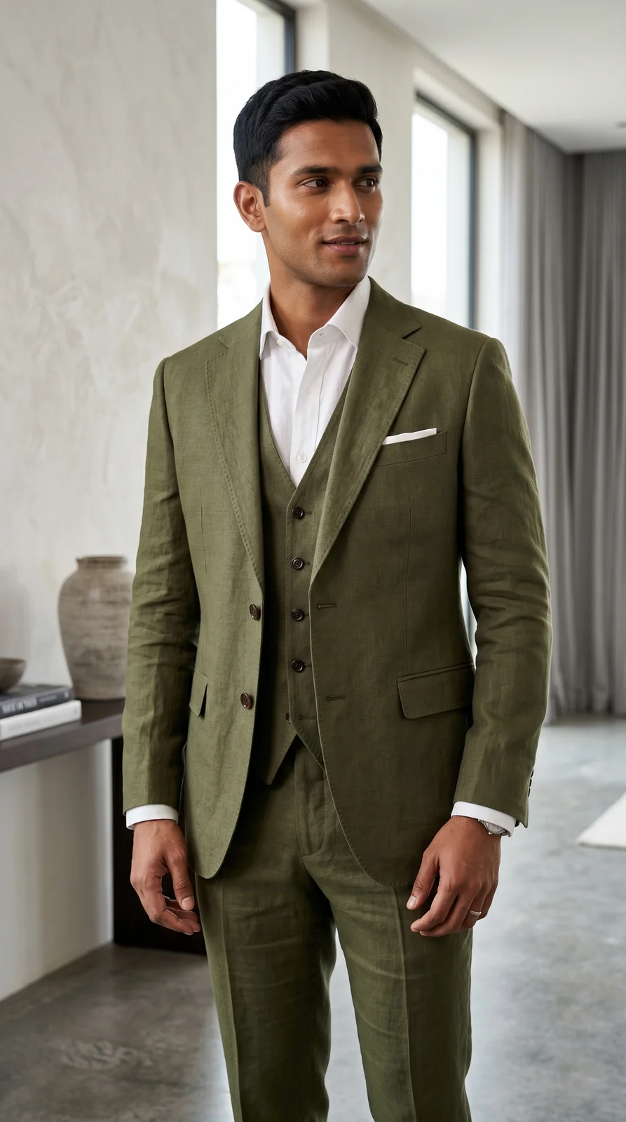 Olive Green Linen Three-Piece Suit (M) - Textiles & Apparel by G M Apparels