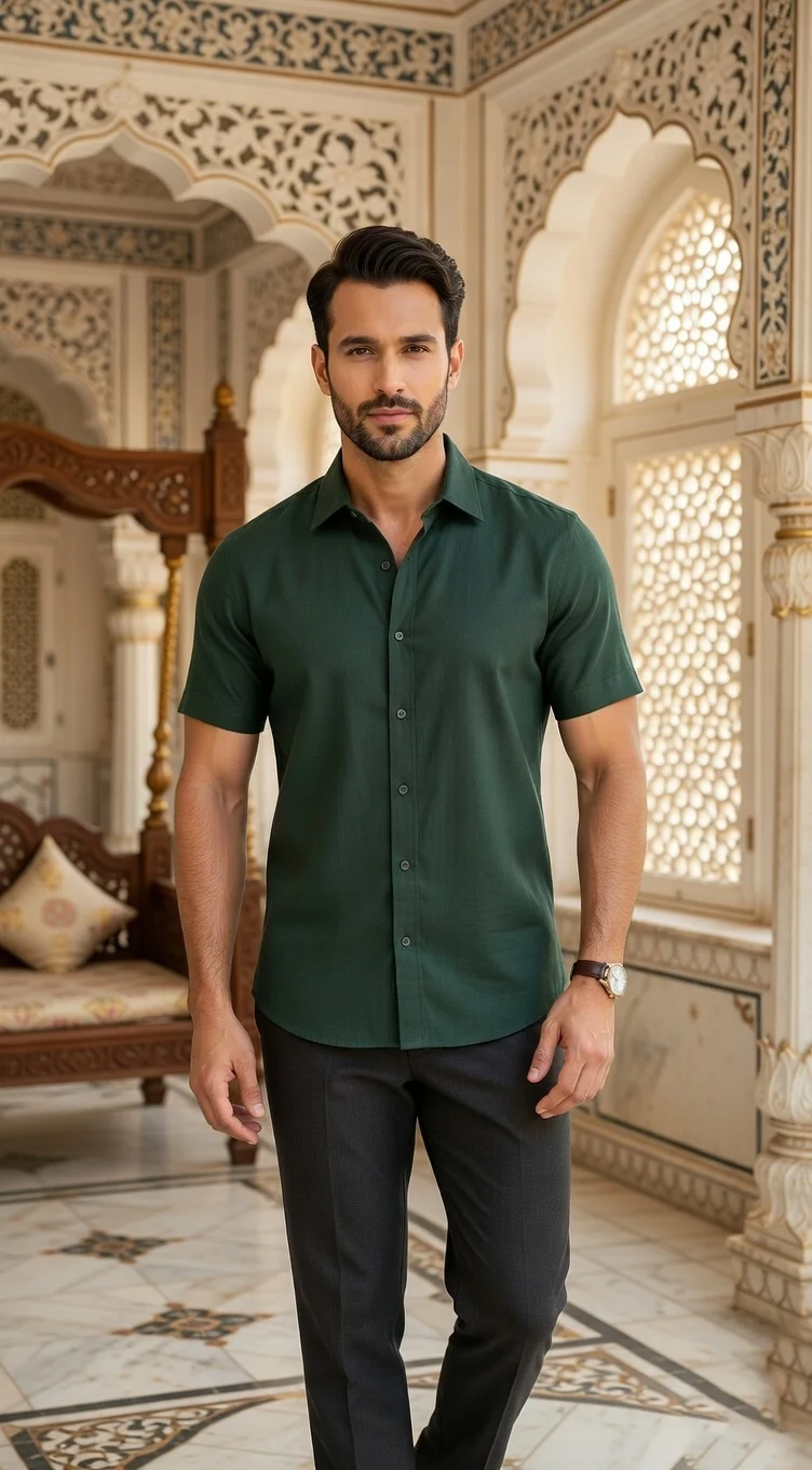 Men's Hunter Green Linen Short-Sleeve Shirt - Textiles & Apparel by G M Apparels