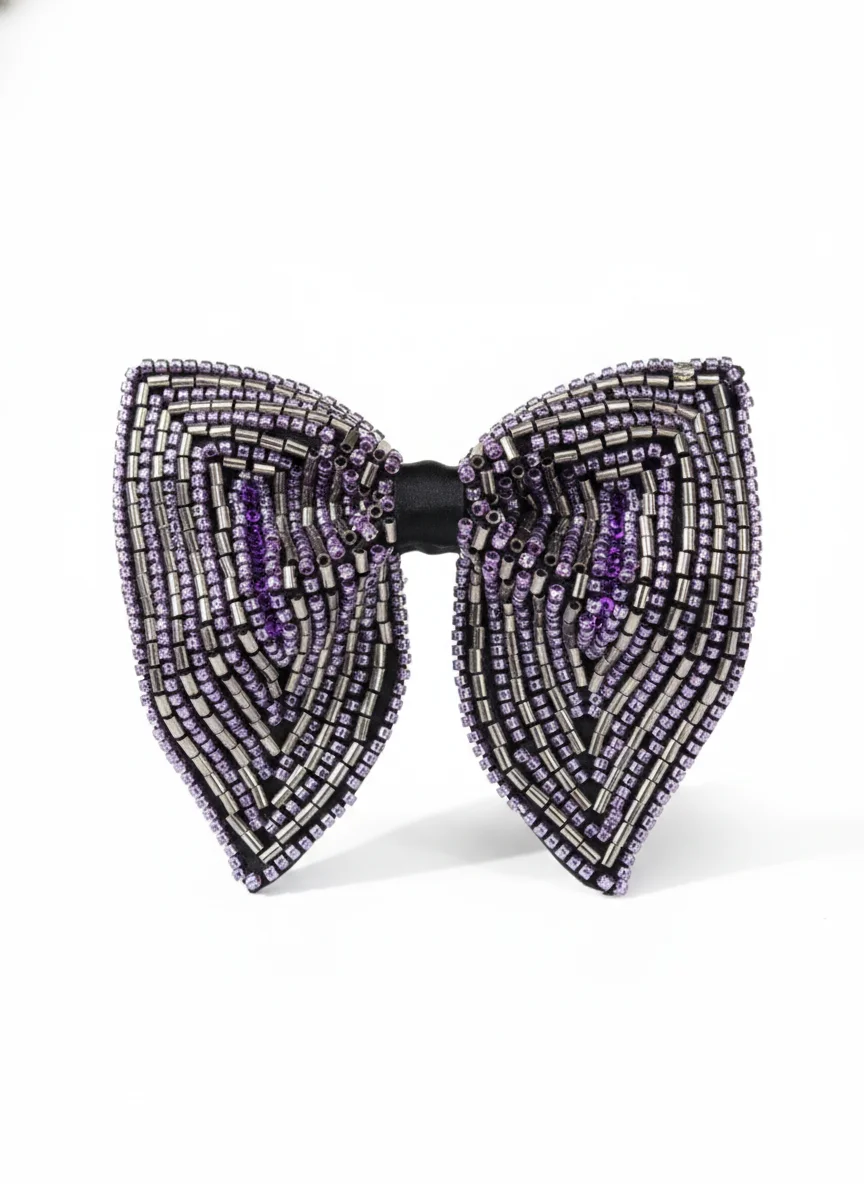 Hand-Beaded Butterfly Bow Tie, Silver & Purple - Textiles & Apparel by G M Apparels