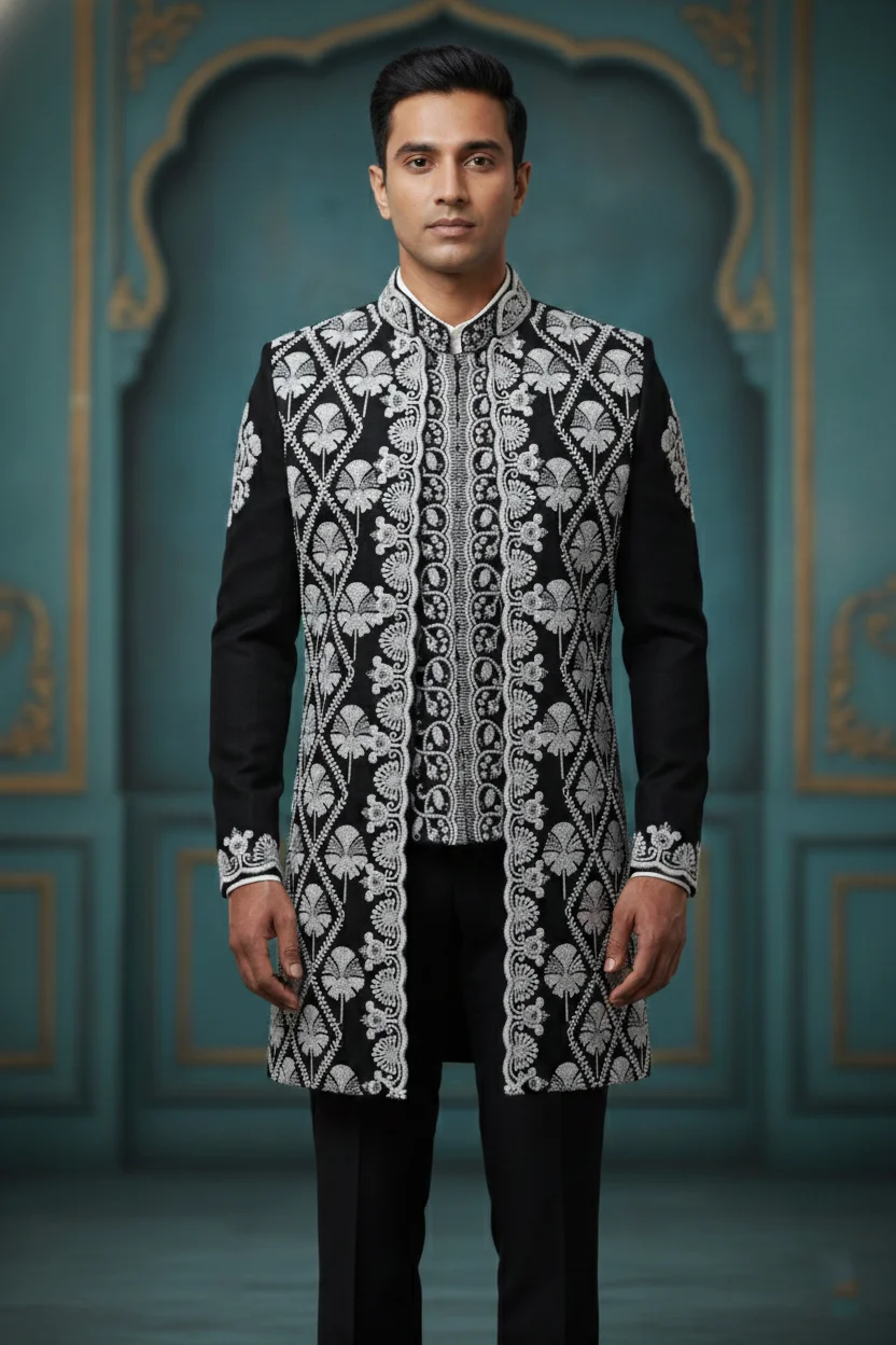 Black Sherwani with Dense White Floral Embroidery - Textiles & Apparel by G M Apparels