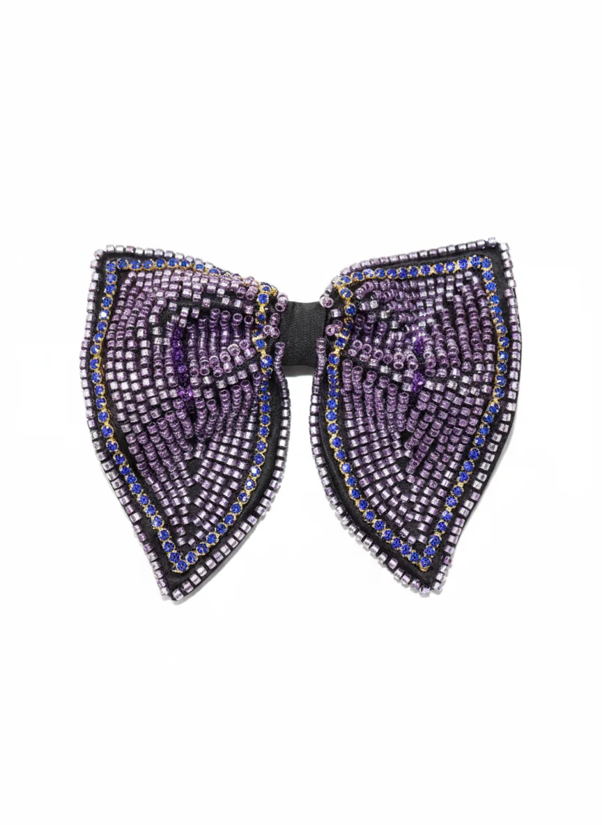Purple Hand-Beaded Crystal Bow Tie with Adjustable Strap - Textiles & Apparel by G M Apparels