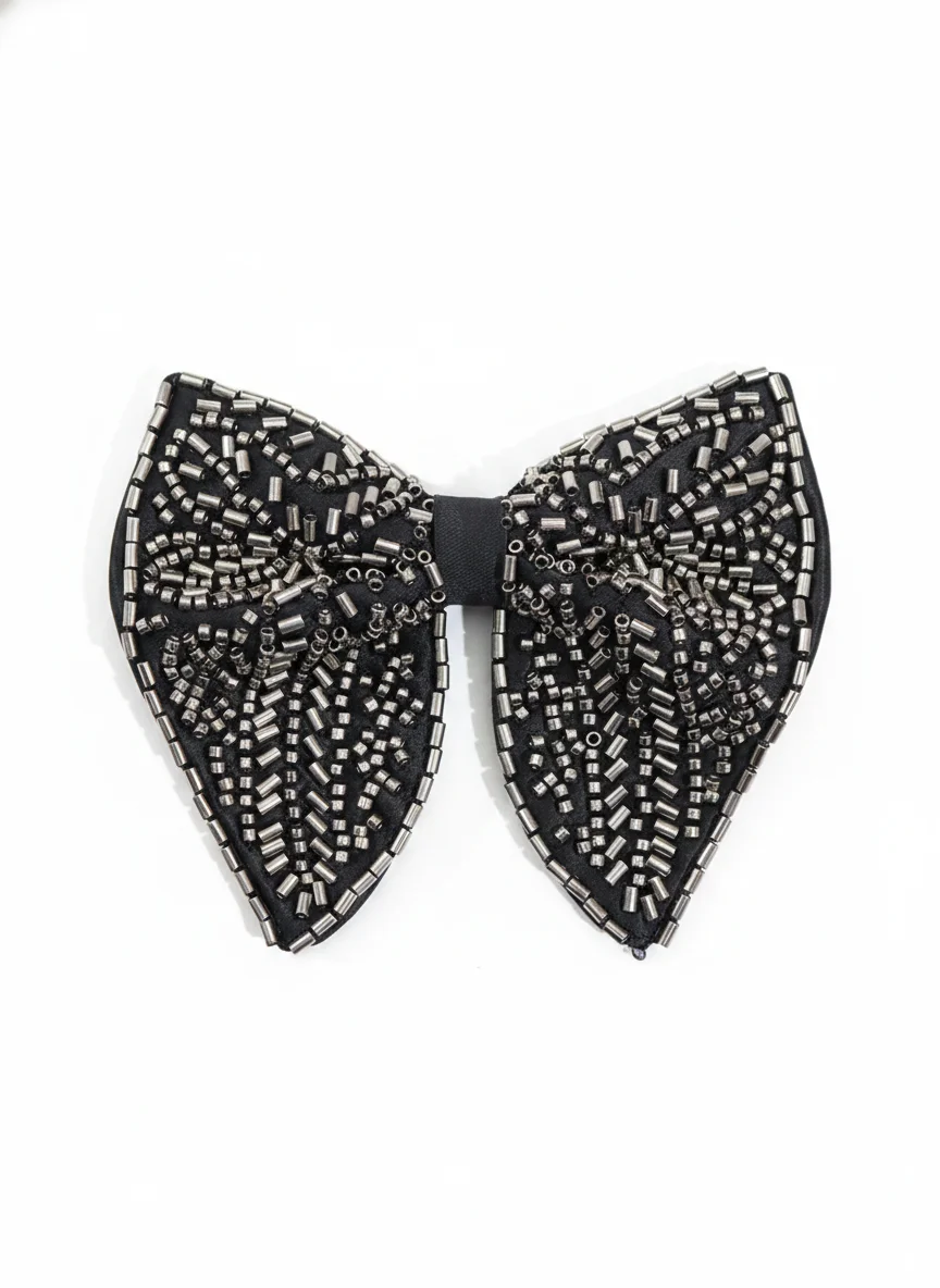 Men's Black Silk Satin Hand-Embroidered Bow Tie - Textiles & Apparel by G M Apparels
