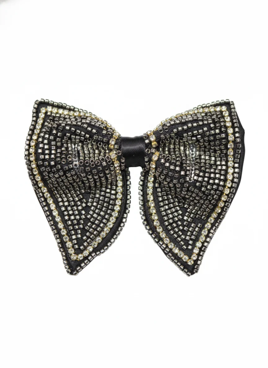 Hand-Beaded Silver Butterfly Bow Tie with Adjustable Strap - Textiles & Apparel by G M Apparels
