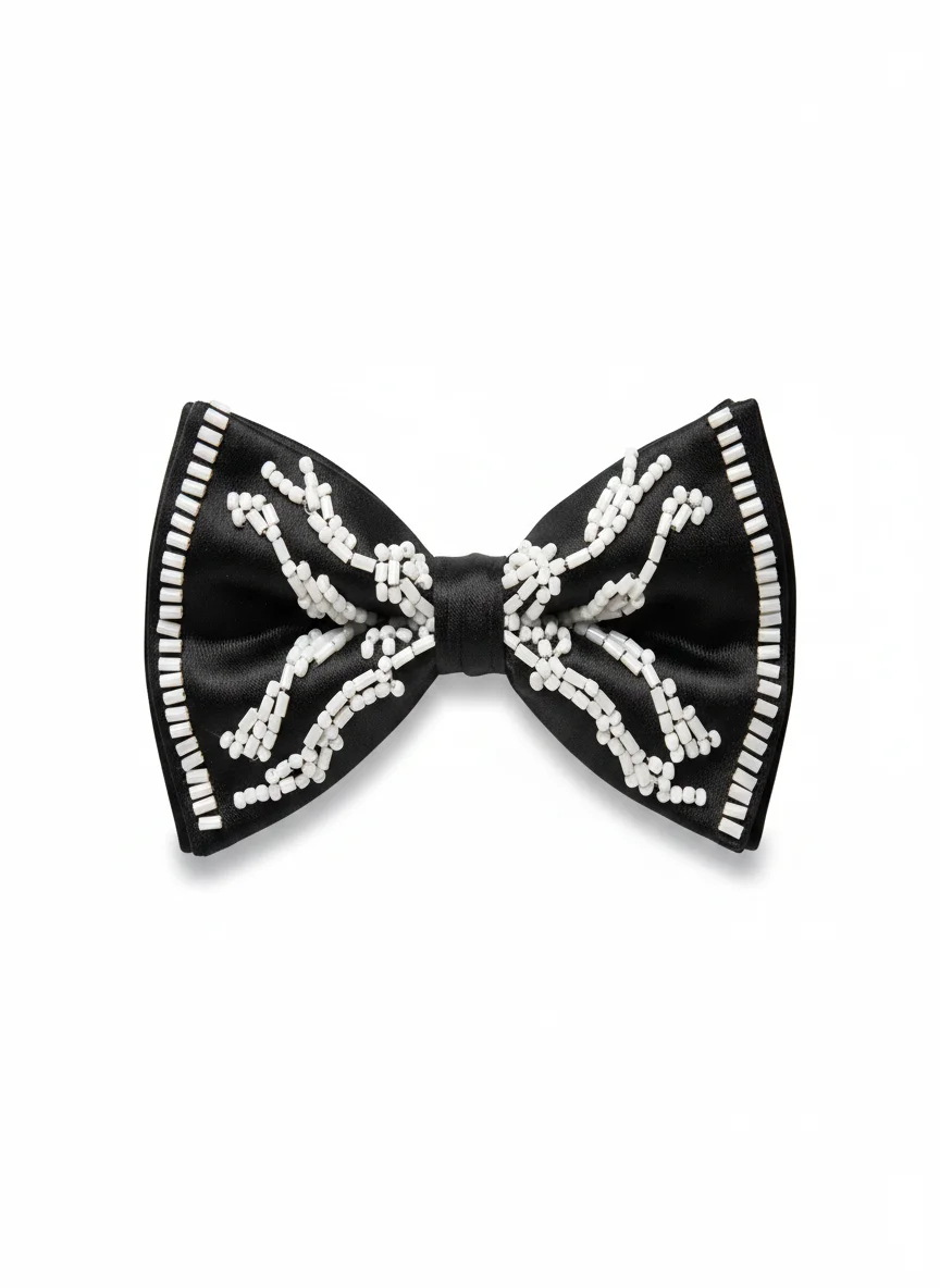 Black Satin Beaded Bow Tie with Adjustable Strap - Textiles & Apparel by G M Apparels