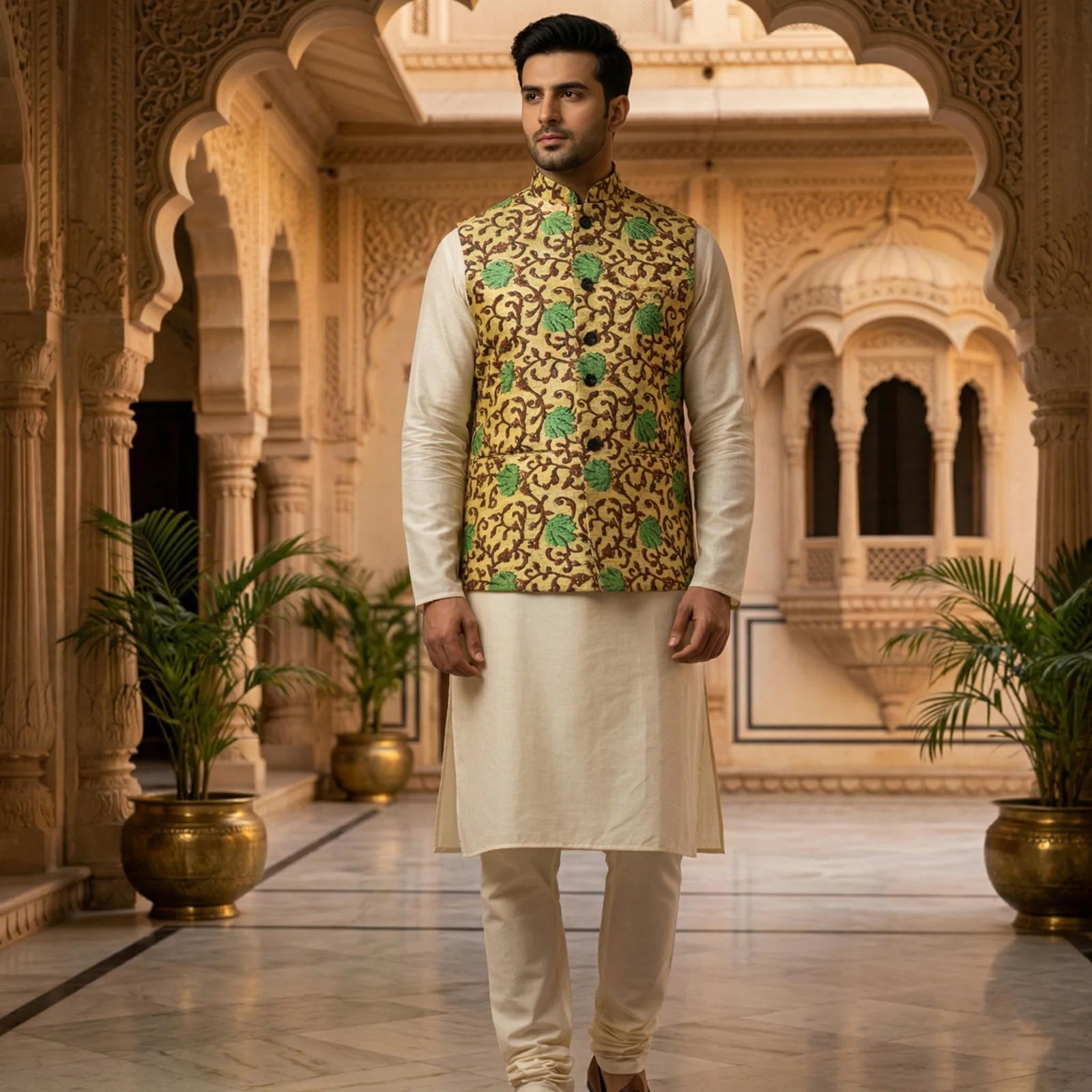 Men's Hand-Block Printed Kalamkari Nehru Jacket & Tussar Silk Kurta Pajama Set - Textiles & Apparel by G M Apparels