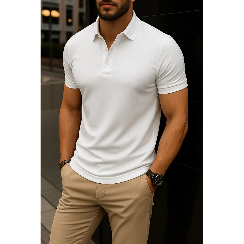 White Cotton Blend Solid Polo Neck T-Shirt - Textiles & Apparel by Rahul Exports