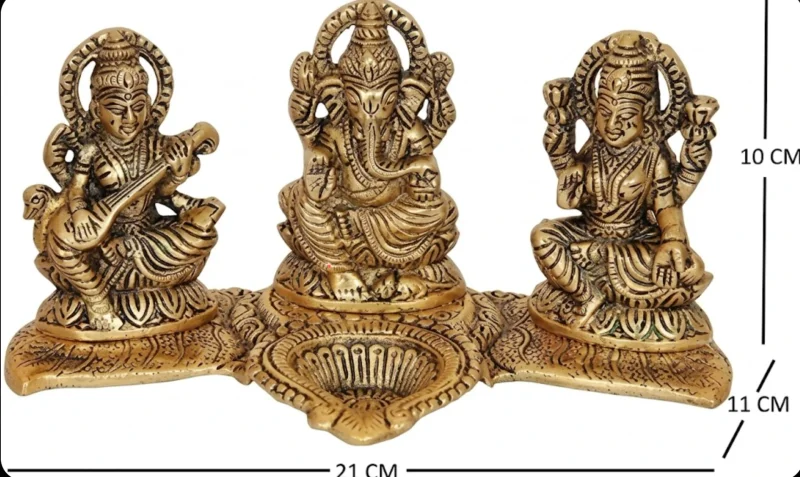 Gold Plated Lakshmi Ganesh Saraswati Idol Deepak - Handicrafts & Gifts by K R Trader Enterprises