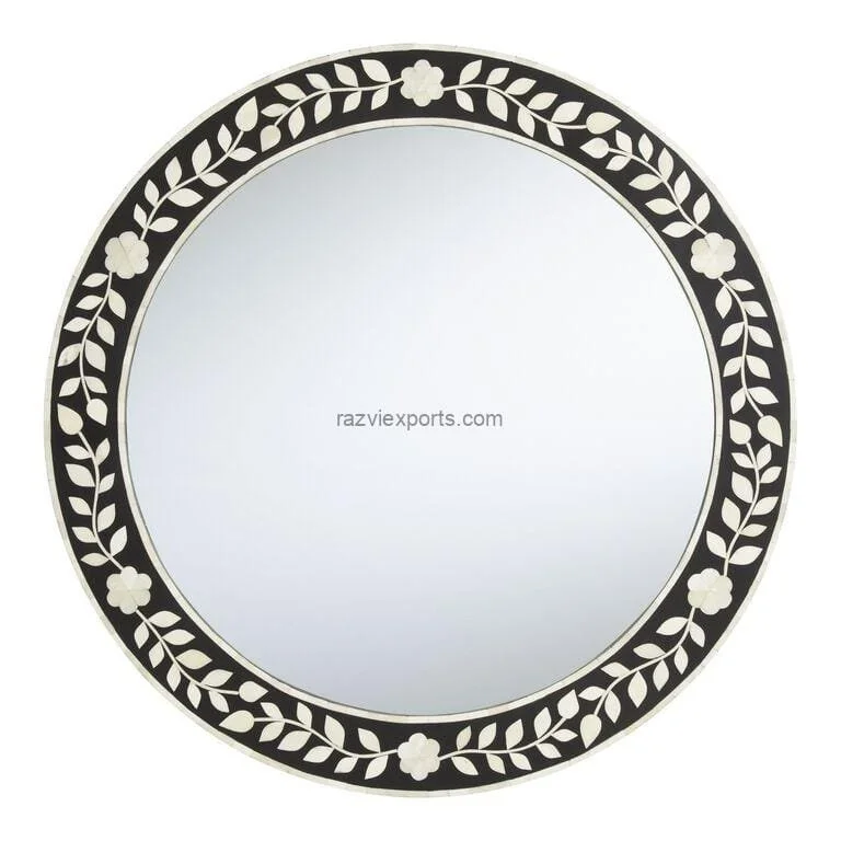 Bone Inlay Round Mirror Black and White 18 Inch - Furniture & Interiors by Razvi Exports