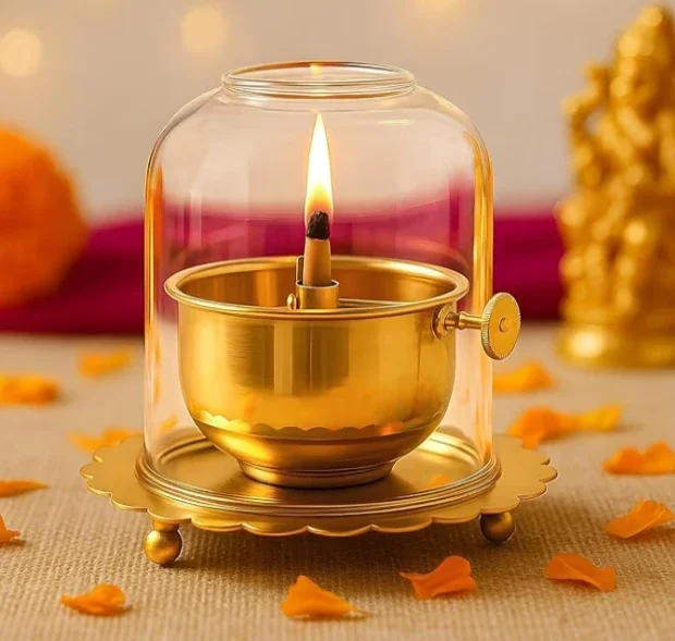 Brass and Borosil Glass Akhand Deep Oil Lamp - Home & Kitchen by M/S S. J. Handicrafts