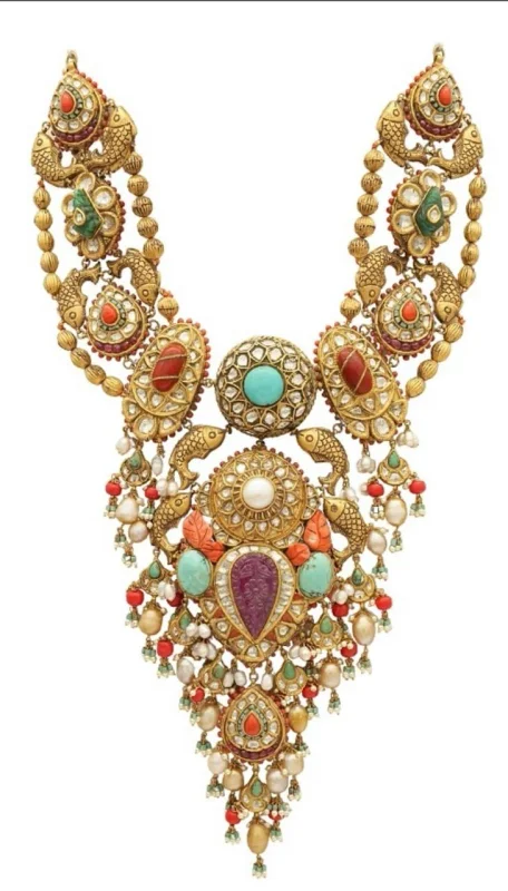 925 Silver Necklace with Multicolored Stones & Diamond Polki - Gems & Jewelry by Ghadsiram Banwarilal and Sons