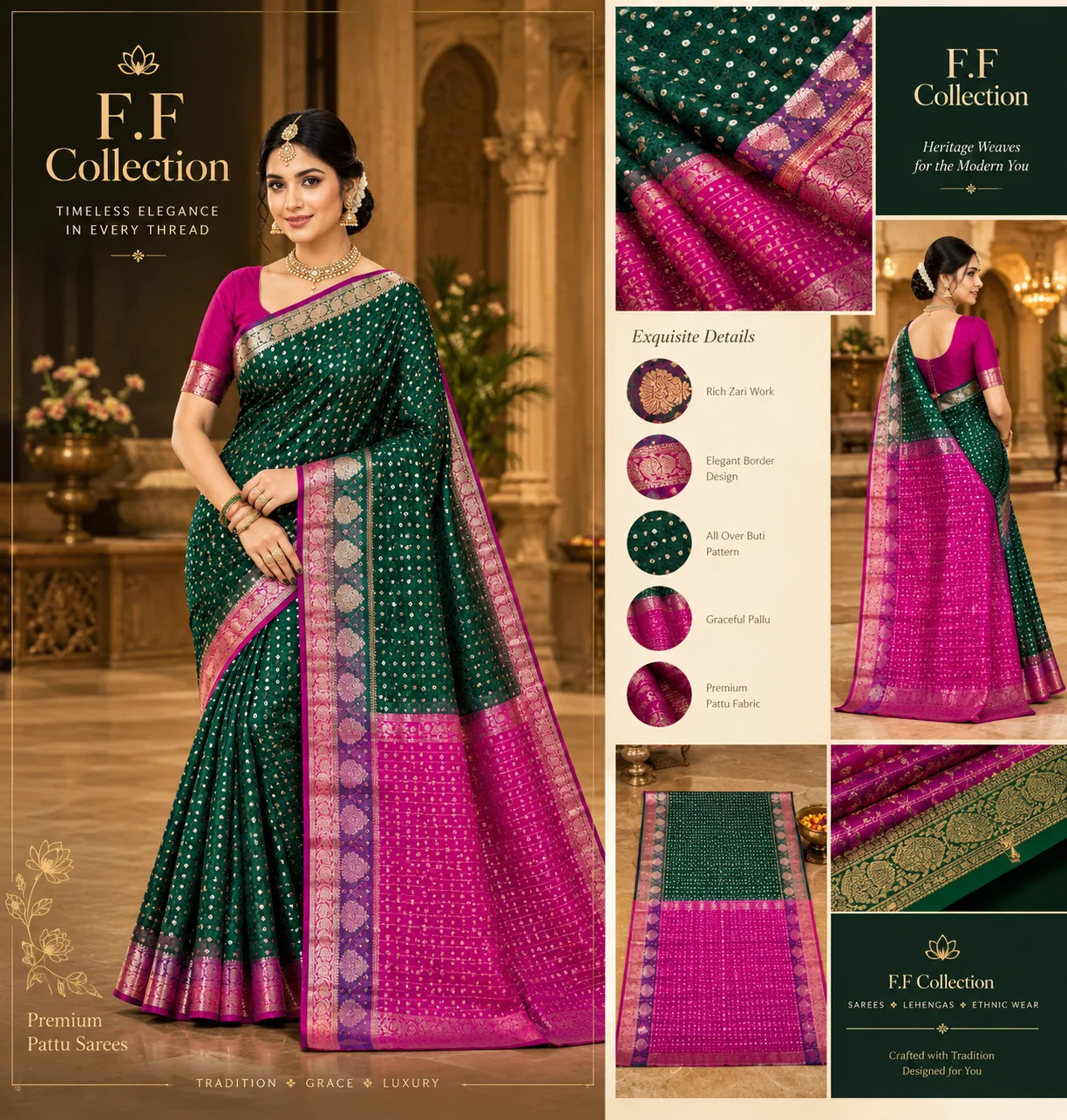 Brocade Jacquard Silk Saree with Zari Work - Textiles & Apparel by F.F Collection