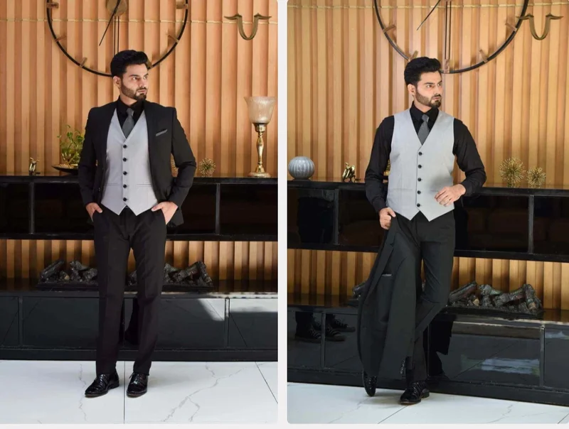Suits > Black 3 Pc Formal Suit With Contrast Waistcoat - Textiles & Apparel by House of United Industries Pvt. Ltd.