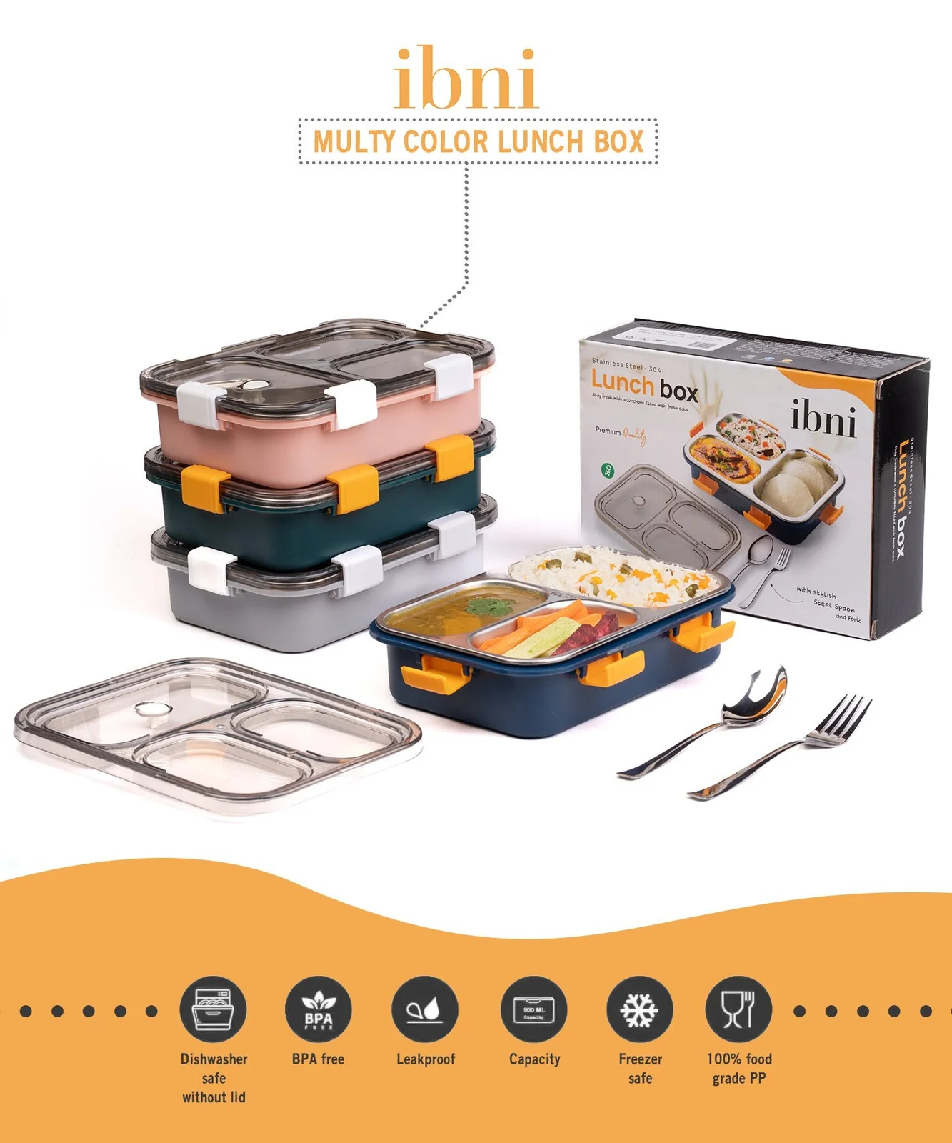 304 Stainless Steel Airtight 3 Compartment Lunch Box With Spoon & Fork - Home & Kitchen by Ibni Pvt. Ltd.
