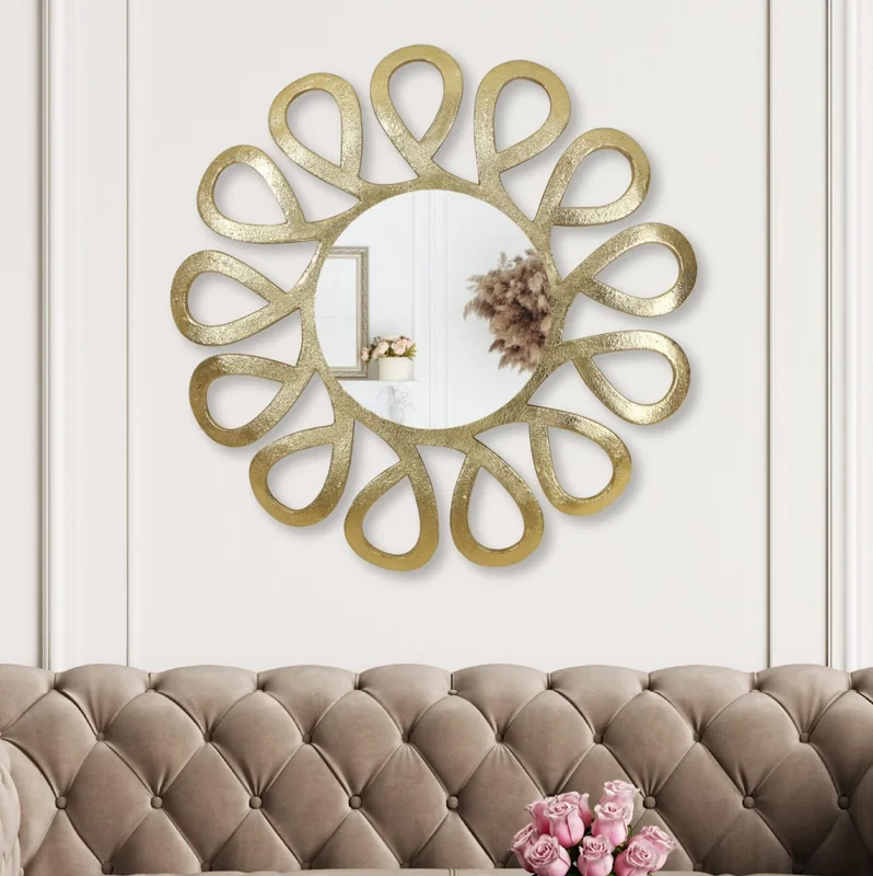Round Golden Aluminium Wall Mirror - Home & Kitchen by Orobe