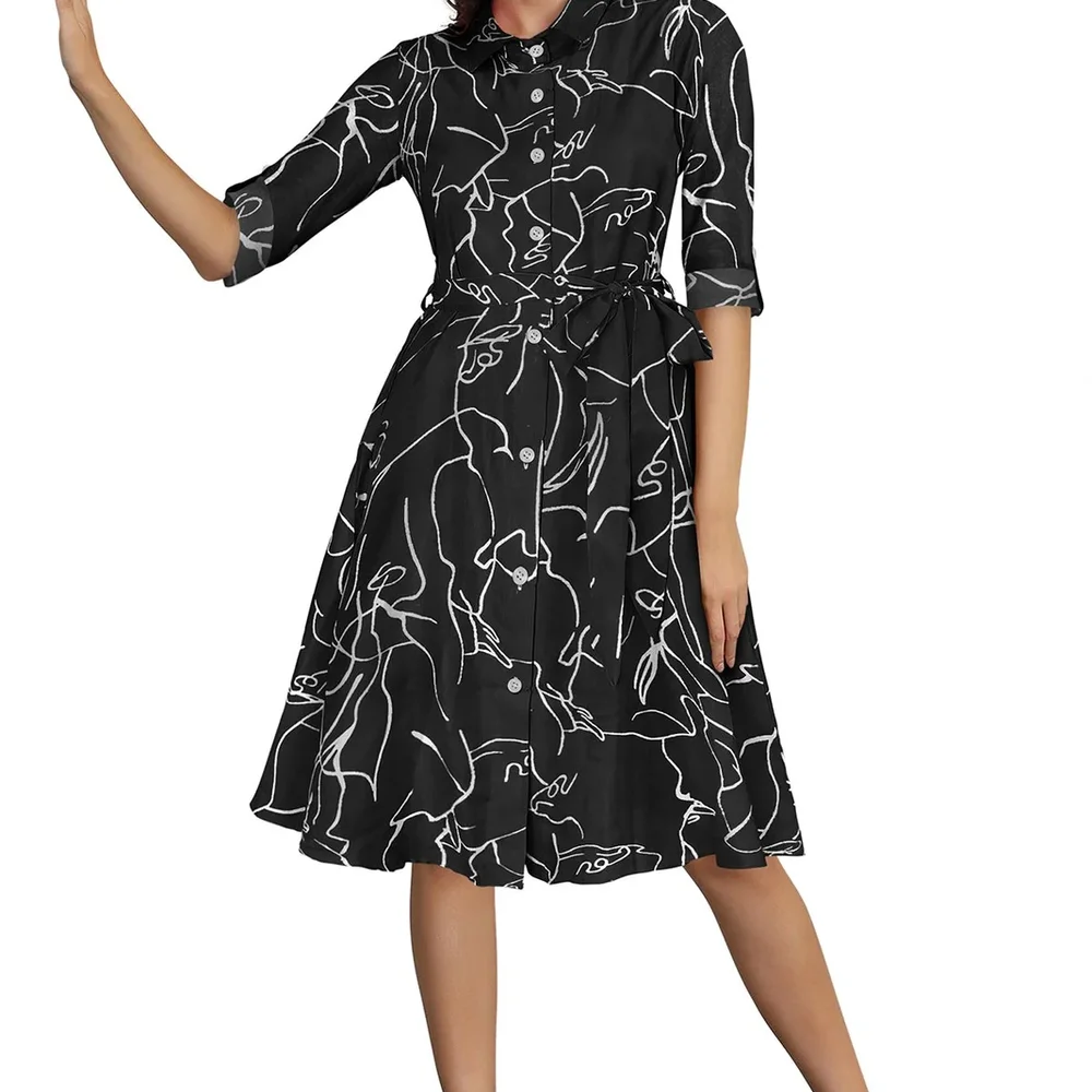 Black Printed Collar Neck Women's Dress - Textiles & Apparel by Cara Exim