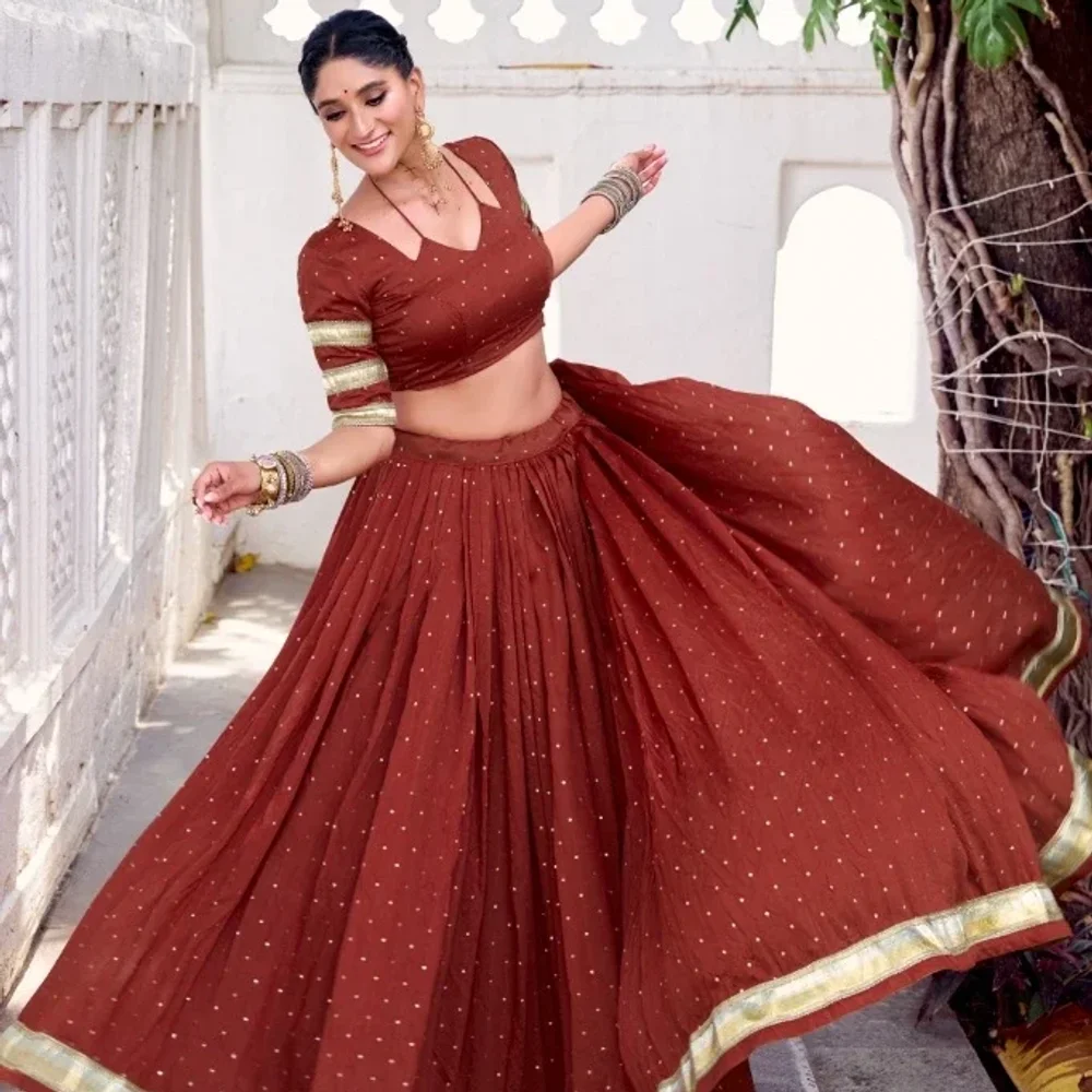 Rust Brown Flared Printed Lehenga Choli - Textiles & Apparel by Premium Collections