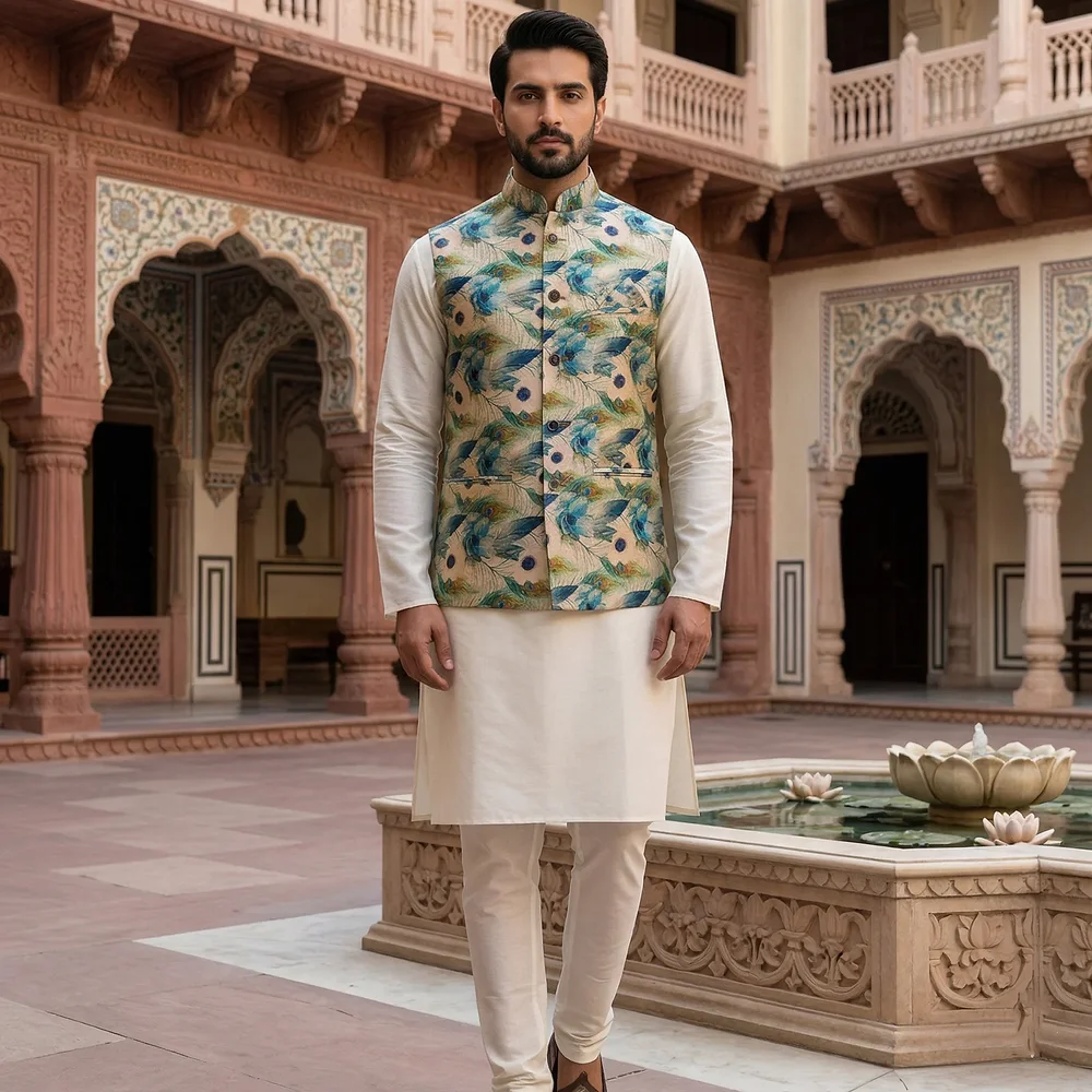 Off-White Linen Kurta Pajama with Printed Waistcoat - Textiles & Apparel by G M Apparels