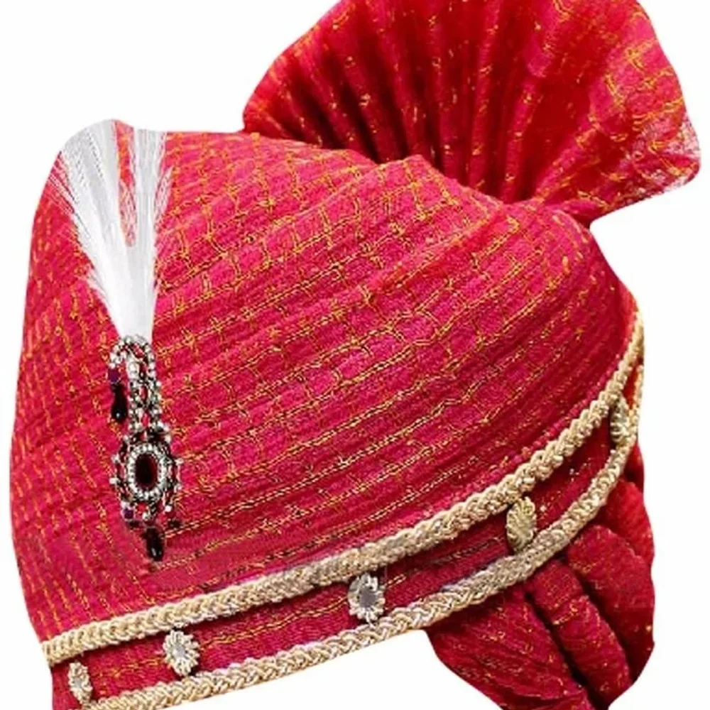 Fuchsia Pink & Gold Zari Turban with Crystal Kalgi - Textiles & Apparel by G M Apparels