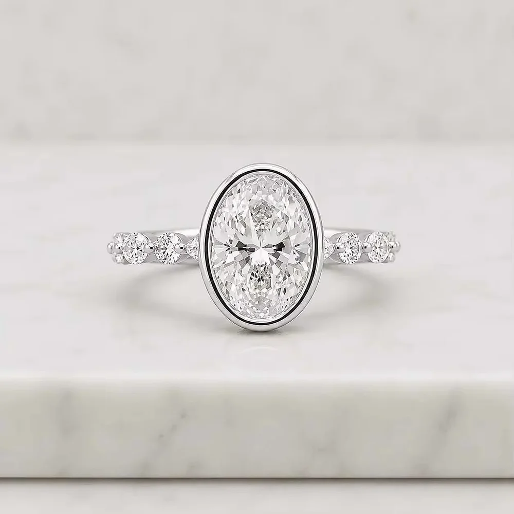 Silver Plated Lab Grown Oval Cut Diamond Ring for Women - Gems & Jewelry by Saatvikam Exports