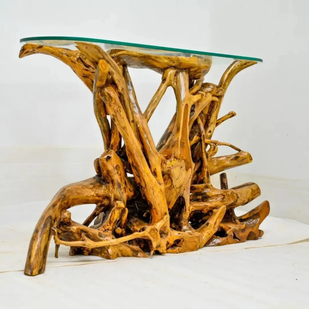 Solid Teak Root Console Table with Toughened Glass Top - Furniture & Interiors by Ubaid Crafts