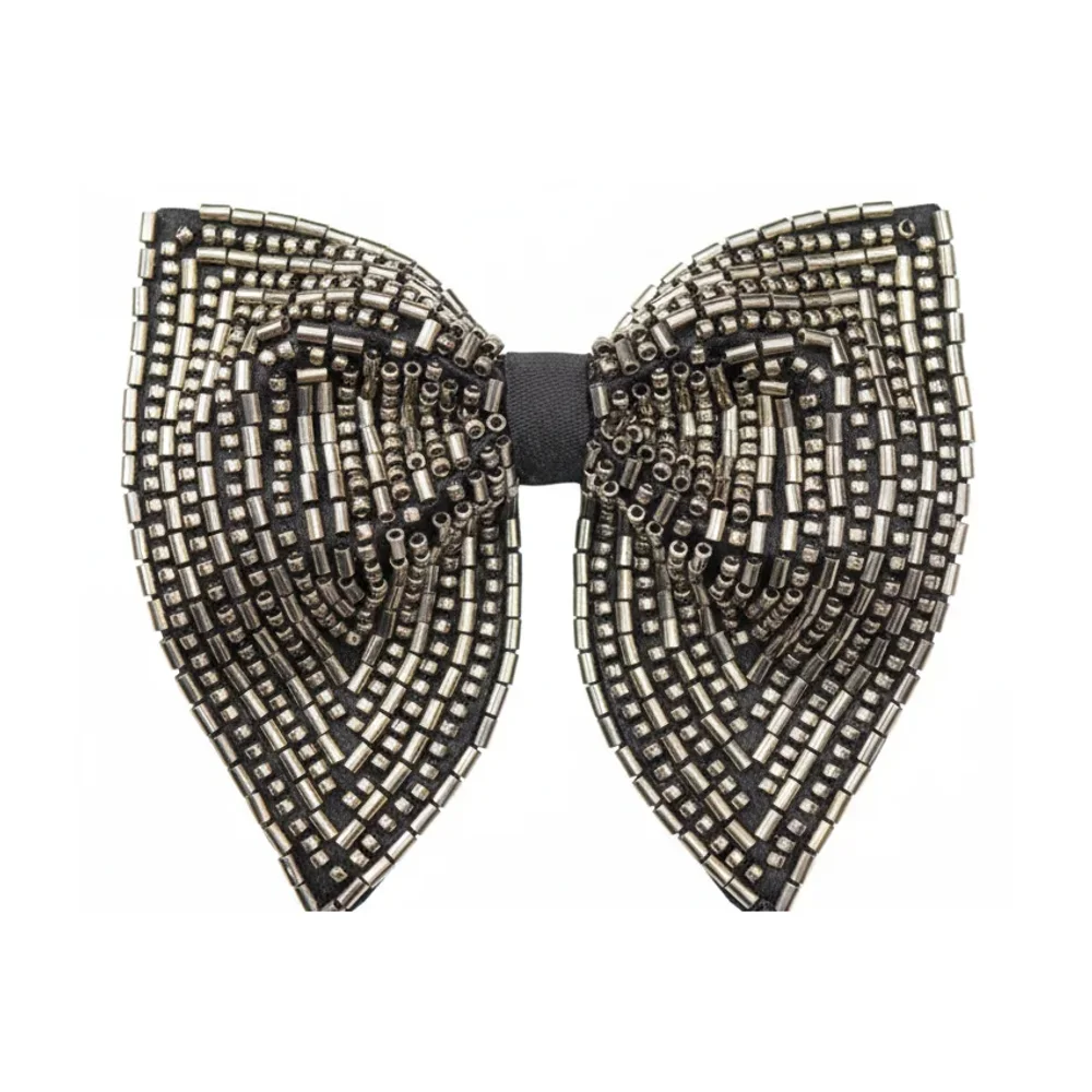 Black & Silver Embroidered Beaded Pre-Tied Bow Tie - Textiles & Apparel by G M Apparels
