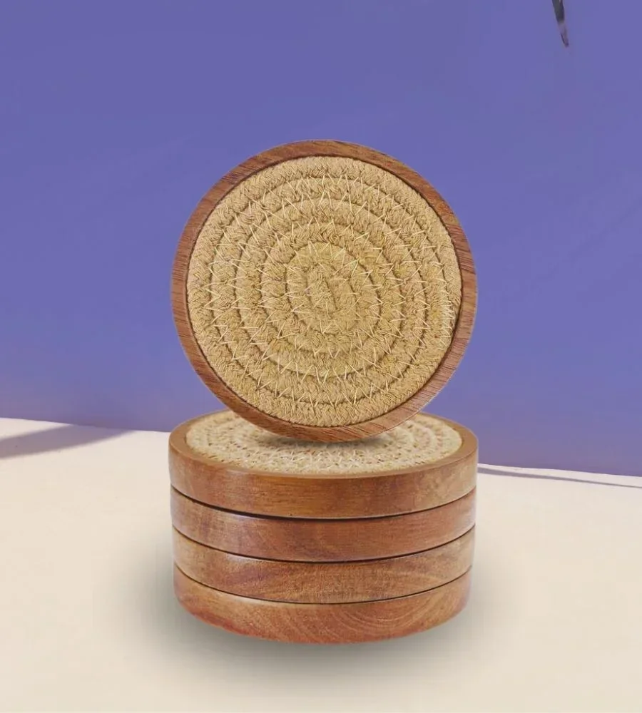 Acacia Wood Jute Coasters Set for Bulk Supply - Home & Kitchen by Razvi Exports