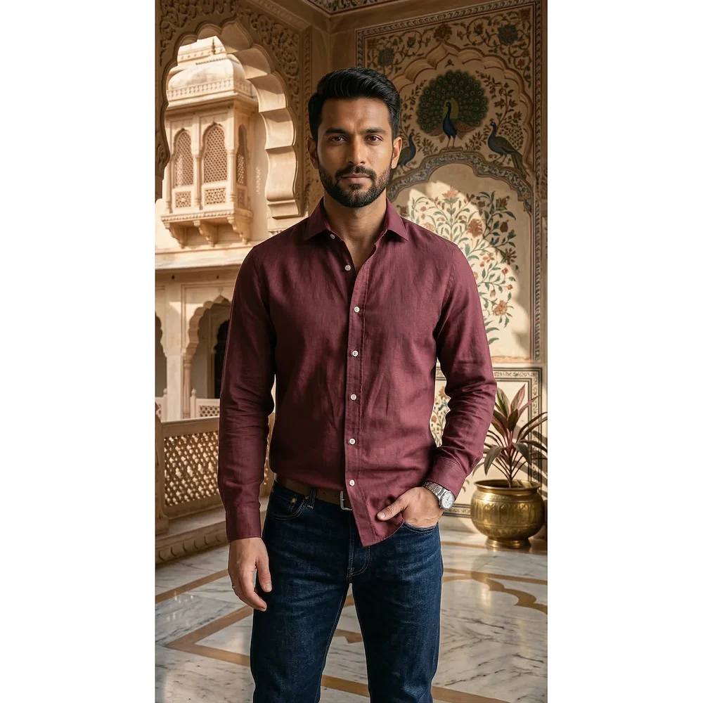 Men's Burgundy Linen-Cotton Blend Casual Shirt - Textiles & Apparel by G M Apparels