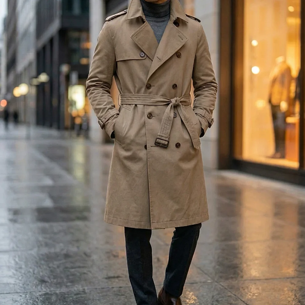 Beige Double-Breasted Long Trench Coat with Belt - Textiles & Apparel by G M Apparels