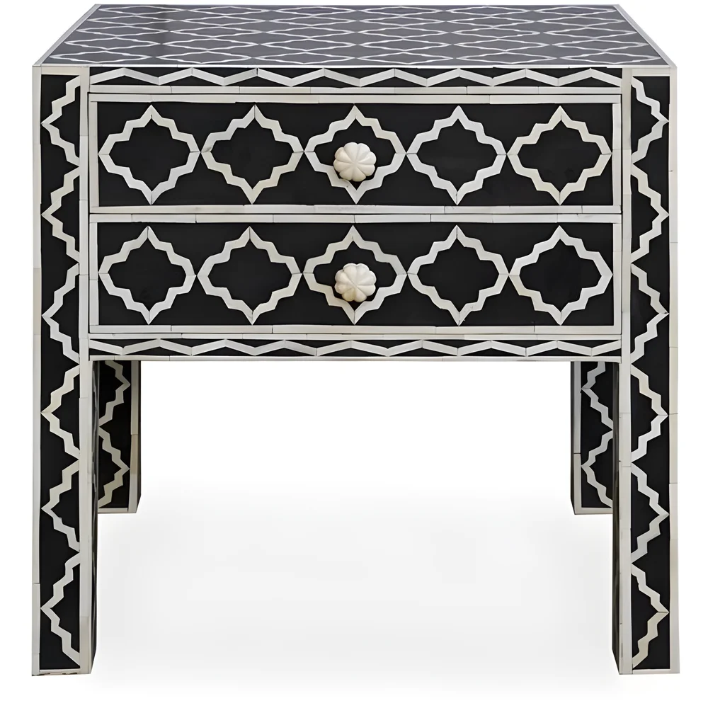 Geometric Bone Inlay Nightstand Black - Furniture & Interiors by Razvi Exports