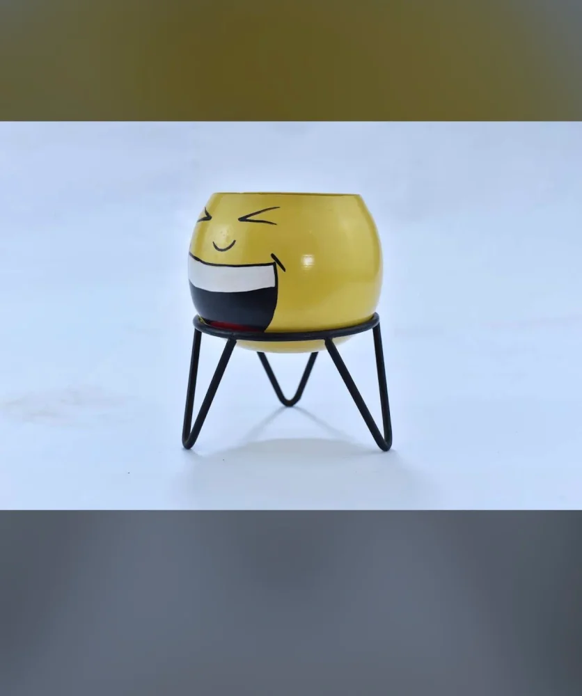 Yellow Smile Face Ceramic Planter with Metal Stand - Home & Kitchen by Anand Garden Nursery