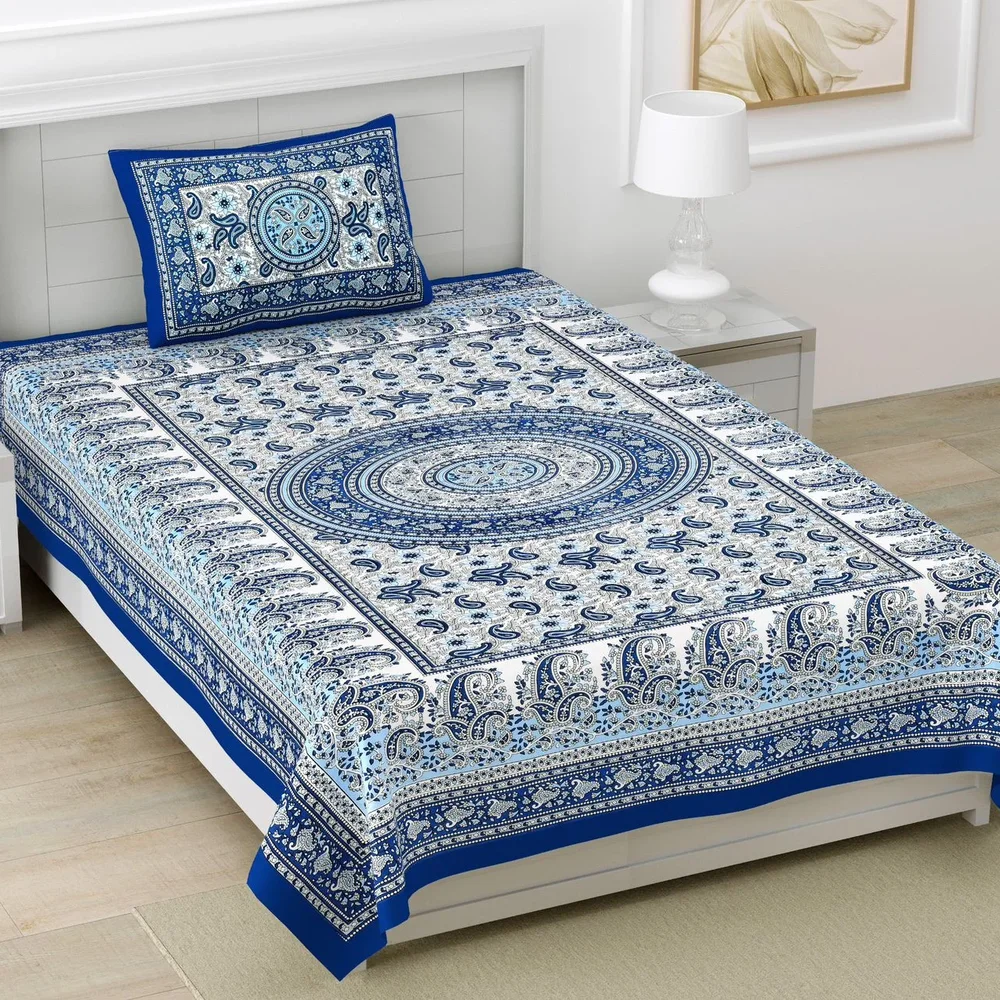 Blue Cotton Single Bedsheet with Ethnic Rajasthani Elephant Border - Textiles & Apparel by Shriex Enterprises