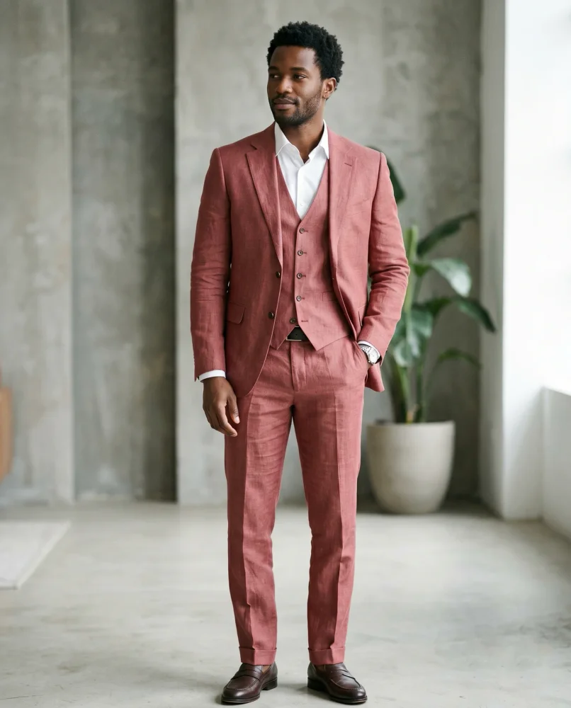 Linen Slim Fit Three-Piece Suit in Brick Rose - Textiles & Apparel by G M Apparels